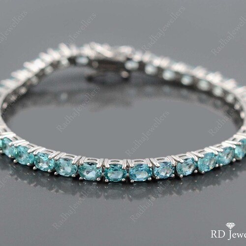 925 Sterling Silver, Natural Apatite Bracelet, Tennis Bracelet, February Birthstone, Handmade Bracelet, shops Women Silver Bracelet, Gift For Her