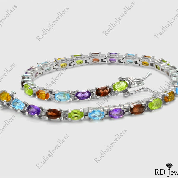 Natural Peridot Garnet Blue Topaz Citrine Amethyst Mix Stone Bracelet, 925 Sterling Silver, Tennis Bracelet, Wedding Bracelet, Gift For Her