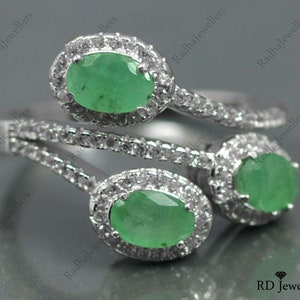 Statement Ring, Natural Emerald Ring, 925 Sterling Silver, Cut Emerald Jewelry, Cluster Ring, Three Stone Ring, May Birthstone, Gift For Her