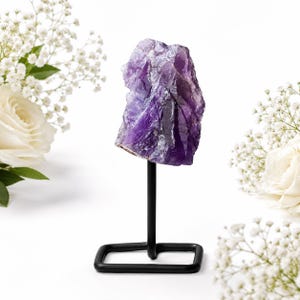 Natural Purple Amethyst Cluster with Stand: Raw Rough Crystal Gemstone Display Home Decoration