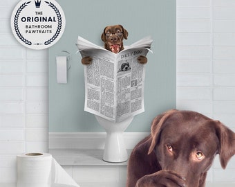 Custom Pet Portrait from photo, Custom Dog or Cat gift, Pet on Toilet Print, Dog or Cat on Toilet with Newspaper, Bathroom Art ,Pet Parent