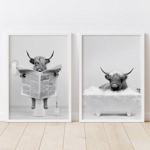 Scottish highland cattle in bathtub Print, Cow in Toilet,Kids Bathroom Print, Animal in bathtub, Highland Cow in Tub Print,Whimsy Animal Art