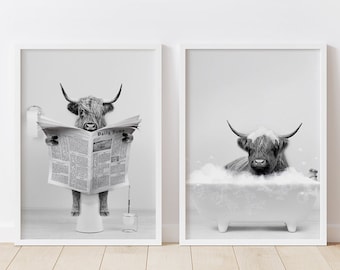 Scottish highland cattle in bathtub Print, Cow in Toilet,Kids Bathroom Print, Animal in bathtub, Highland Cow in Tub Print,Whimsy Animal Art