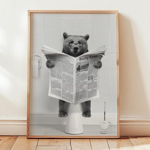 Bear Print, Funny Bathroom Decor, Bear in Toilet, Animal in toilet, Black And White Bear, Whimsy Animal Art, Kids Bathroom Wall Art