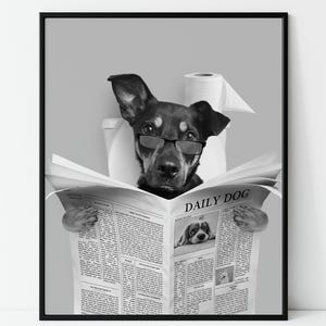Custom Pet Portrait, Dog Read Newspaper in Toilet, Funny Pet Portrait, Black and white, Kids Bathroom Wall Art, Personalized Cat Dog Gift