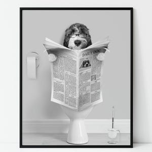 Custom Pet Portrait from photo, Custom Dog or Cat gift, Pet on Toilet Print, Dog or Cat on Toilet with Newspaper, Bathroom Art ,Pet Parent