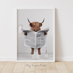 Scottish Highland Cow In Toilet Reading Newspaper, Bathroom Humour, Funny Bathroom Print, Animal on toilet, Whimsy Animal Art, Kids Bathroom