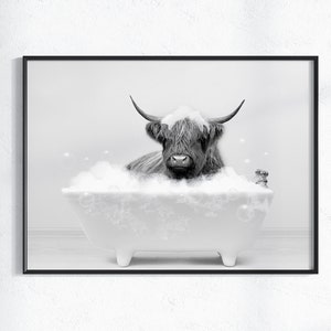 Scottish highland cattle a bathtub Print, Cow Bathing, Funny Bathroom Print, Animal in bathtub, Highland Cow in Tub Print, Whimsy Animal Art