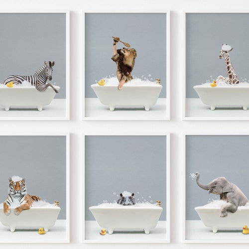 Safari Animals in Bathtub Set of 6 Prints Whimsy Animal Art Etsy