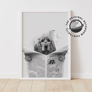 Custom Pet Portrait, Dog Read Newspaper in Toilet, Funny Pet Portrait, Black and white, Kids Bathroom Wall Art, Personalized Cat Dog Gift