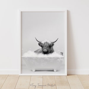 Scottish highland cattle a bathtub Print, Cow Bathing, Funny Bathroom Print, Animal in bathtub, Highland Cow in Tub Print, Whimsy Animal Art