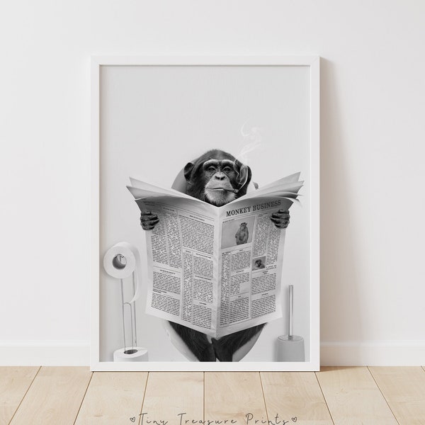 Monkey on Toilet Reading Newspaper, Funny Bathroom Printable, Safari Animal Art, Bathroom Humour, Whimsy Animal Art, Kids Bathroom Wall Art