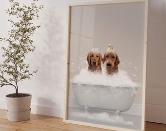 Two pets in Bathtub Custom Pet Portrait from photo, Custom Dog or Cat in Tub, Bathroom Art, Personalized gifts, Pet Gift, Pet Illustration