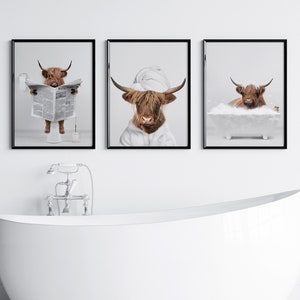 Scottish Highland Cattle Set of 3 Prints, Highland Cow in Bathtub Wall art, Cow on Toilet Funny Bathroom Print, Funny Bathroom Posters