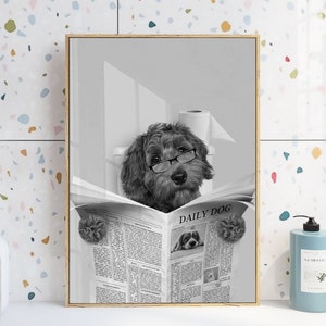 Custom Pet Portrait, Dog Read Newspaper in Toilet, Funny Pet Portrait, Black and white, Kids Bathroom Wall Art, Personalized Cat Dog Gift