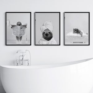 Sloth Set of 3 Prints, Sloth in Bathtub Print, Kids Bathroom Art, Sloth on Toilet, Animal in bathtub, Whimsy Animal, Black and White Sloth