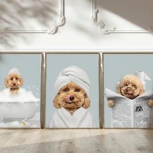 Custom Pet Portraits Set of 3, Funny Dog or Cat Portrait, Pet in Bathtub, Dog in Toilet, Personalized pet gift, Kids Bathroom Art, Dog Mom