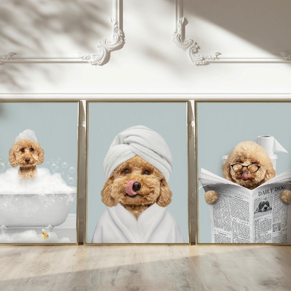 Lot de 3 portraits d'animaux de compagnie personnalisés, portrait drôle de chien ou de chat, animal de compagnie dans la baignoire, chien dans les toilettes, cadeau personnalisé pour animal de compagnie, art de la salle de bain pour enfants, maman de chien