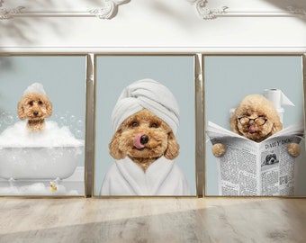 Custom Pet Portraits Set of 3, Funny Dog or Cat Portrait, Pet in Bathtub, Dog in Toilet, Personalized pet gift, Kids Bathroom Art, Dog Mom