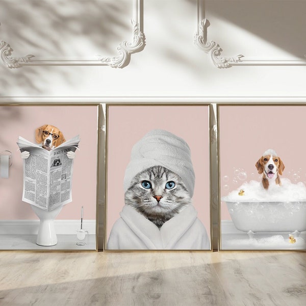 Custom Pet Portraits Set of 3, Funny Dog or Cat Portrait, Pet in Bathtub, Dog in Toilet, Personalized pet gift, Kids Bathroom Art, Dog Mom