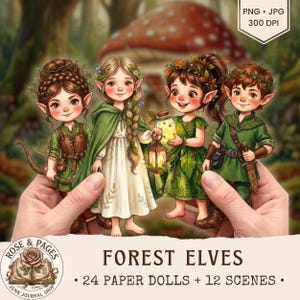 May include: Four illustrated forest elf characters with pointed ears, wearing green and white clothing, holding accessories like a bow, a lantern, and a jar. The image includes text reading PNG JPG 300 DPI, FOREST ELVES, and 24 PAPER DOLLS + 12 SCENES.