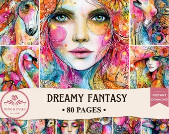 Dreamy Fantasy Summer Junk Journal Pages | Watercolour Zentangle Botanical Ephemera | Cottagecore Printable Scrapbook Kit — Rose & Pages
