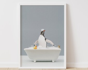 Penguin in a bathtub Wall Art, Penguin Bathing, Funny Bathroom Unique Animal Art, Animal in bathtub, Penguin in Tub Print, Whimsy Animal