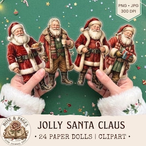 Könnte beinhalten: Vier ausgestanzte Papierpuppen des Weihnachtsmanns in verschiedenen Posen, bekleidet mit roten und braunen Wintermänteln mit weißem Pelzbesatz, Gürteln und Stiefeln. Der Text lautet PNG JPG 300 DPI und JOLLY SANTA CLAUS.