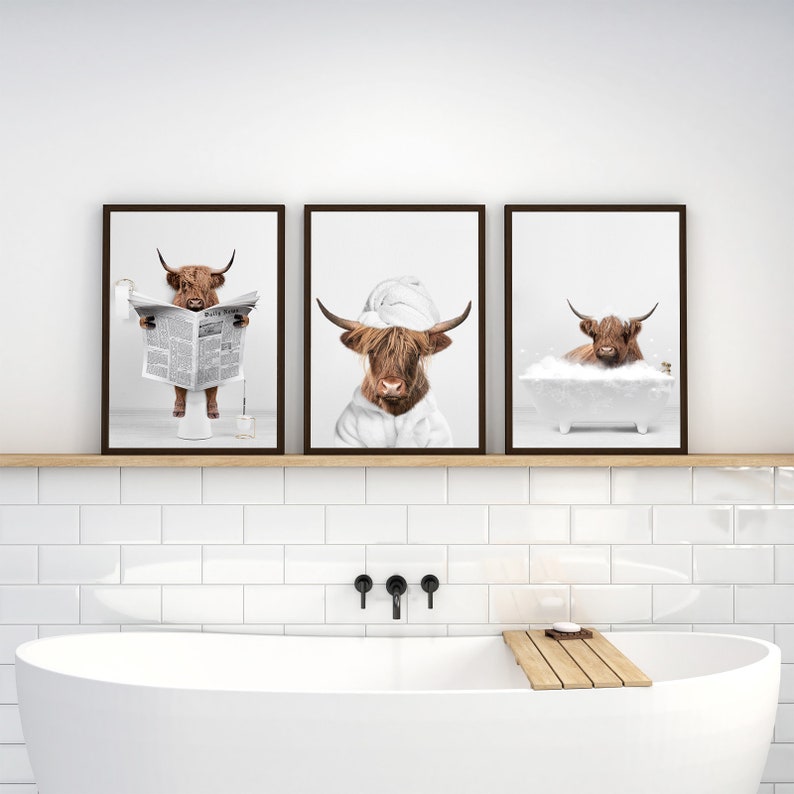 Scottish Highland Cow Printable Funny Bathroom Art Black and - Etsy