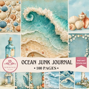 Peut inclure: Une collection numérique de pages de journal de bord sur le thème de l'océan avec des illustrations à l'aquarelle de coquillages, de vagues, d'une bouteille à la mer et d'un phare. Le texte indique OCEAN JUNK JOURNAL 100 PAGES et ROSE & PAGES est.2018.