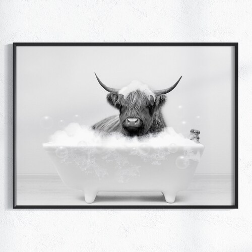 Highland Cow Bubble Bath Wall Art Farmhouse Wall Art Etsy