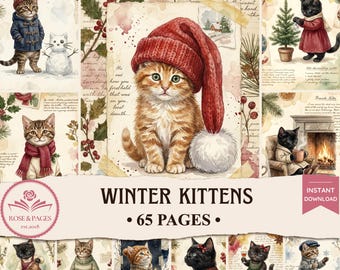 Páginas de diario de invierno con gatitos estilo cottagecore, papel efímero imprimible de acuarela vintage, kit de álbum de recortes digital, rosas y páginas.