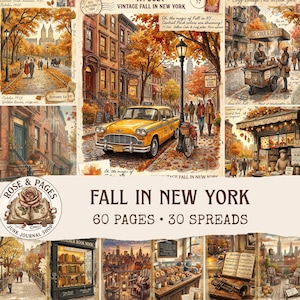 May include: A collection of printed pages titled Fall in New York, featuring 60 pages and 30 spreads. The illustrations depict autumn scenes in New York City, including yellow taxis, brownstone buildings, street vendors, and park landscapes with orange foliage.