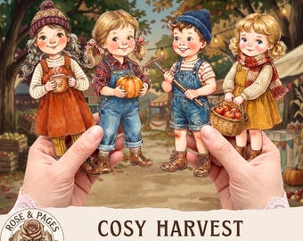 Muñecas de papel infantiles para festivales de la cosecha, imágenes prediseñadas para álbumes de recortes, efímeros para manualidades y scrapbooking, hoja de collage digital, muñecas recortables de otoño.
