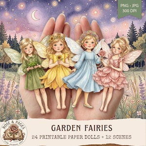 Feen-Papierpuppen zum Ausdrucken, Puppentheater-Set, Cottagecore-Papierpuppen-Cliparts zum Ausschneiden, 24 Feen + 12 Szenen, Digitaler Download