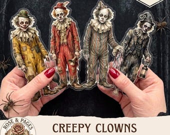 Kit de imágenes prediseñadas de muñecos de papel de payasos espeluznantes, kit de teatro de marionetas, muñecos góticos recortables de Halloween, 24 muñecos, manualidades de Halloween, efímeros para álbumes de recortes