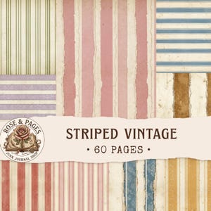 May include: A collection of 60 vintage-style paper pages featuring various striped patterns in muted tones of green, pink, blue, brown, red, and yellow. A circular logo with a rose and an open book reads ROSE & PAGES JUNK JOURNAL SHOP.