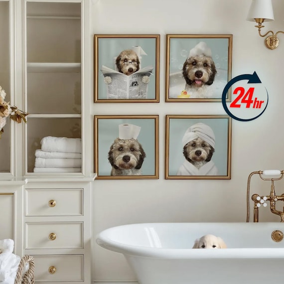 Personalized Pet Portrait, Pet Gift, Dog in Bathtub, Bathroom Art, Custom Funny Picture, Portrait from Photo, Dog in Toilet, Dog in Robe