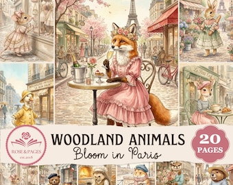 Páginas de diario creativo con animales de estilo cottagecore en París, papel efímero de cuento de acuarela vintage, kit de manualidades digitales imprimibles, Rose & Pages