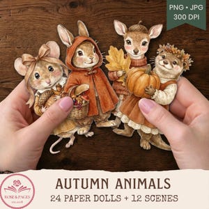 Puede incluir: Un conjunto de muñecas de papel con ilustraciones en acuarela de animales del bosque, incluyendo un ratón con lazo, un conejo con capa, un ciervo sosteniendo una hoja y una calabaza, y una nutria con corona de flores, etiquetado Autumn Animals.
