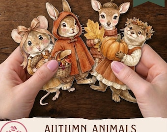 Dibujos para diario con temática de animales del bosque otoñales, muñecas de papel para imprimir, efímeros para álbumes de recortes estilo cottagecore, insertos para diarios con acuarelas vintage.
