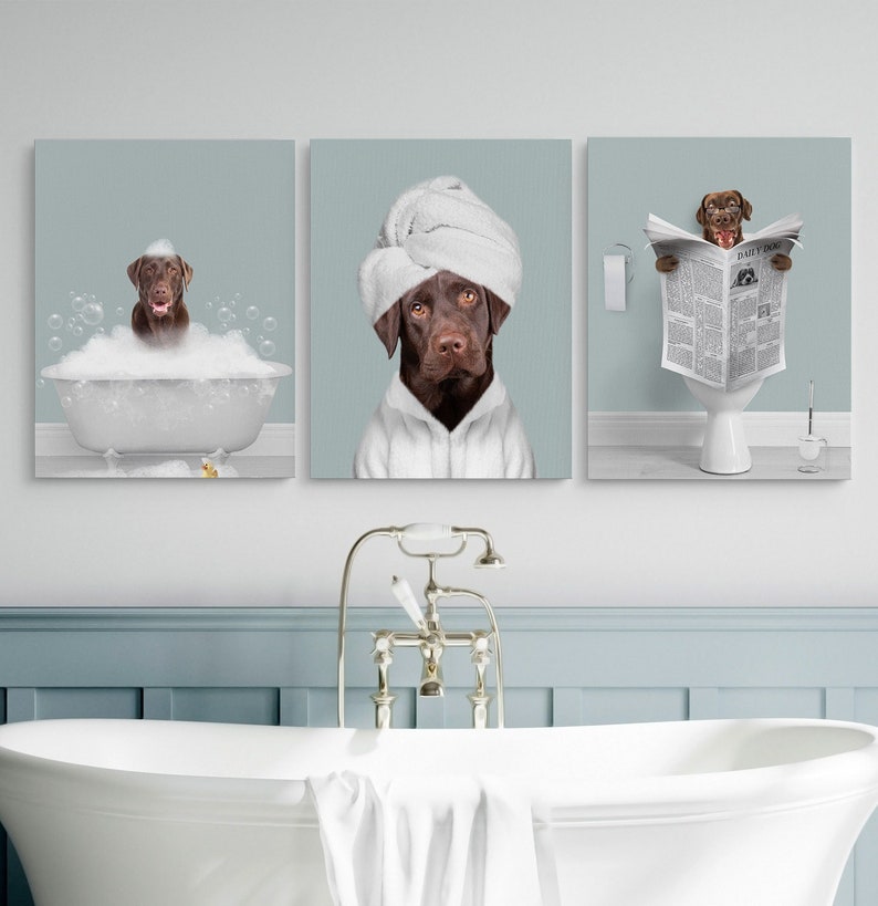 Custom Pet Portraits Set of 3, Funny Dog or Cat Portrait, Pet in Bathtub, Dog in Toilet, Personalized pet gift, Kids Bathroom Art, Dog Mom 