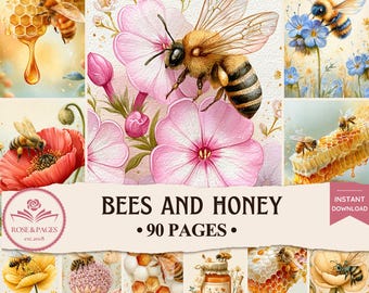 Pages de journal pour les abeilles et le miel | Éphémères botaniques aquarelle miel vintage | Kit de scrapbooking imprimable Cottagecore — Rose et pages