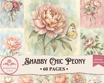 Páginas de diario de recortes con peonías estilo shabby chic / Elementos florales románticos vintage en acuarela / Kit de álbum de recortes imprimible estilo cottagecore — Rose & Pages