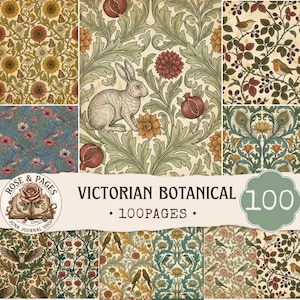 Victorian Arts and Crafts Junk Journal Kit, Cottagecore Botanical Scrapbook Paper, 100 Floral Pages & 50 Spreads, Printable Ephemera