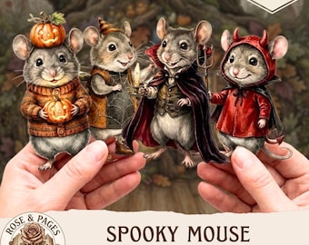 Kit de imágenes prediseñadas de muñecos de papel de ratones de Halloween, kit de teatro de marionetas, muñecos recortables vintage de Halloween, 24 muñecos, kit de manualidades, efímeros para álbumes de recortes infantiles