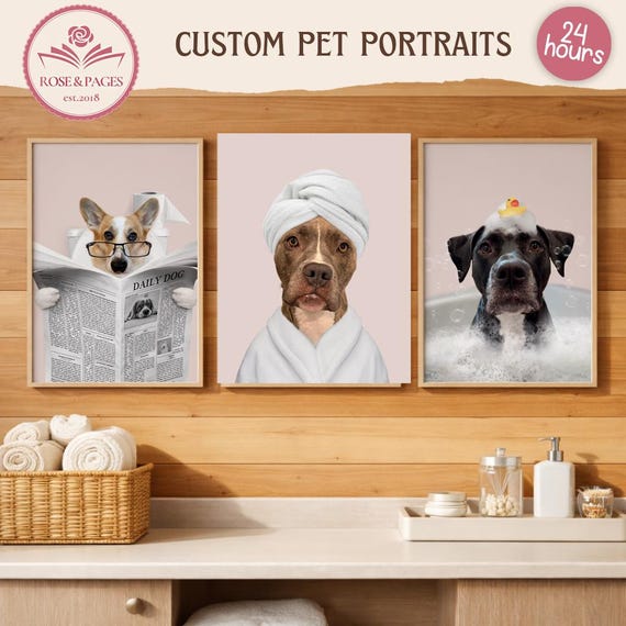 Custom Funny Dog Cat Bathroom Wall Art, Set of 4 Dog Prints, Dog on Toilet Bath Spa Poster, Pet Humor Wall Decor, Printable Dog Art Bundle