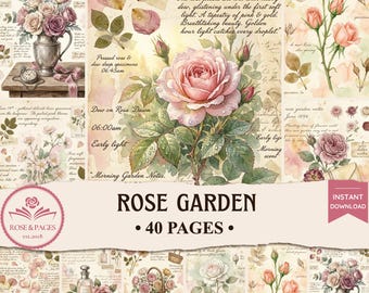 Páginas de diario de recortes con temática de jardín de rosas vintage / Efímeros florales románticos de acuarela antigua / Kit de álbum de recortes imprimible estilo cottagecore — Rosas y páginas
