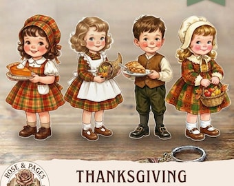 Muñecas de papel para niños de Acción de Gracias, imágenes prediseñadas para álbumes de recortes, efímeros para manualidades y scrapbooking, hoja de collage digital, escenas de cosecha, arte para manualidades