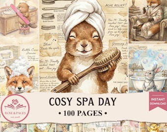 Páginas de diario creativo para un acogedor día de spa, paquete de papel digital imprimible de animales del bosque, kit de álbum de recortes para el autocuidado, paquete de efímeros bonitos y originales.